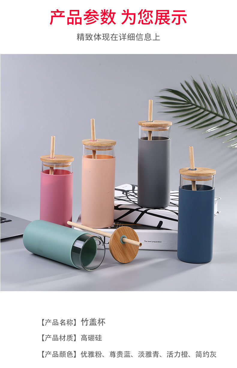 Creative Bamboo Cover Borosilicate Straw Glass Cup With Silicone Case Simple Milky Tea Cup Tumbler Plain