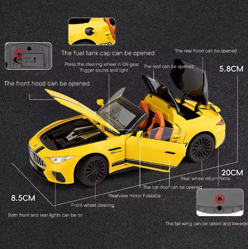 1:24 Scale Collectible Benz SL63 AMG Diecast Model Car, Zinc Alloy Pull Back Cabriolet Toy Car with Lights and Sounds, Convertible Vehicle Door for Adult Boys Girls view 5