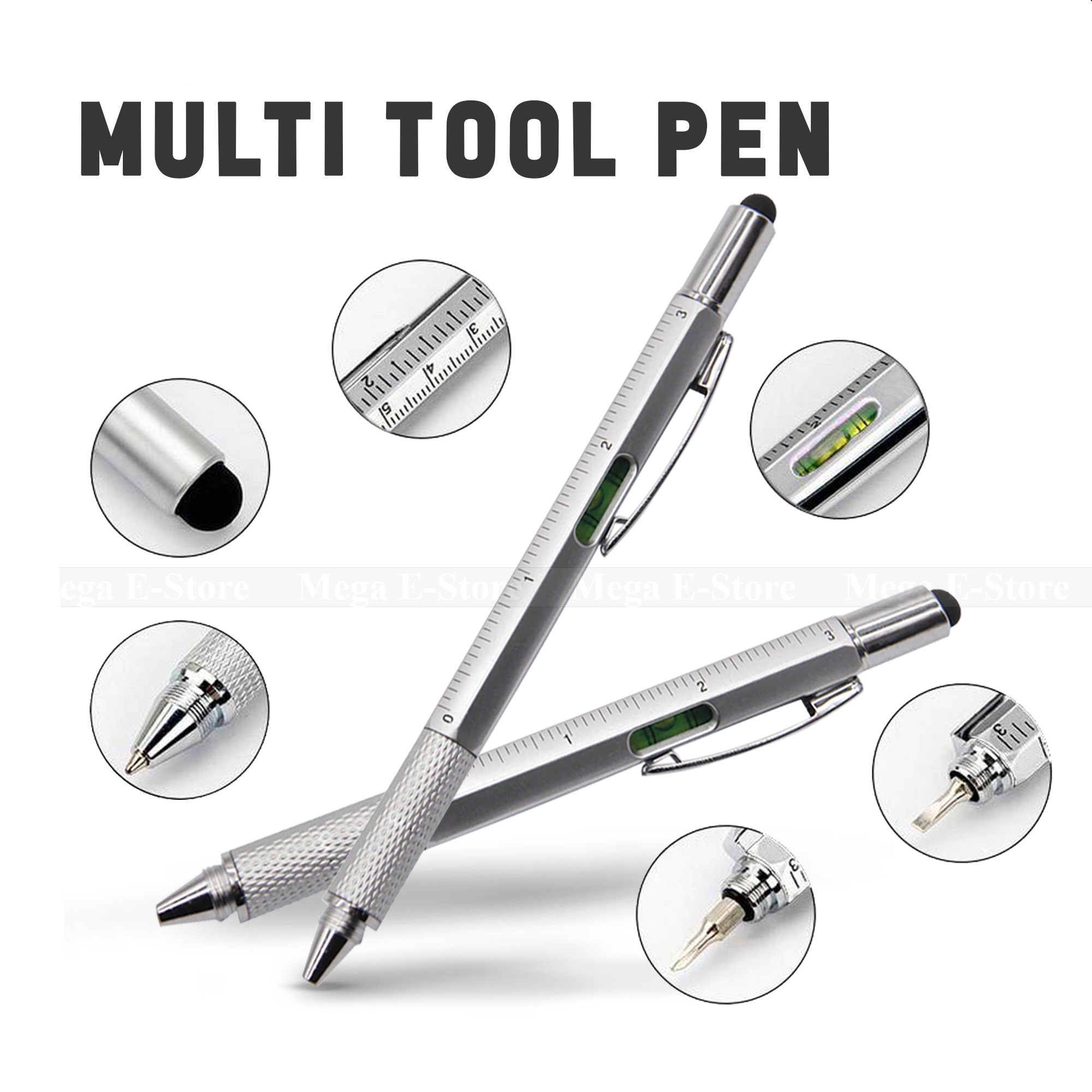 7 in 1 Multifunctional Touch Screen Stylus Ballpoint Pen with Screwdriver Spirit Level Scale Ruler Full Metal