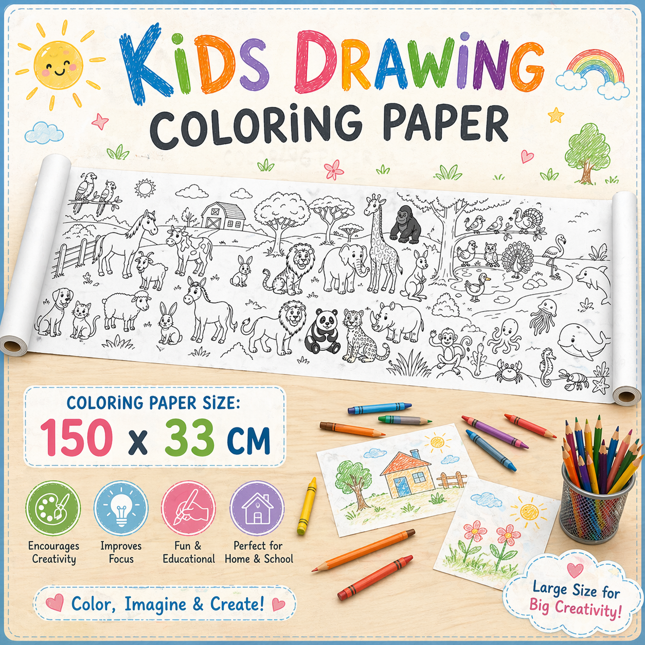 Kids Drawing Roll Coloring Paper 150x33CM Color Filling Graffiti Paper for Kids Wall Painting Paper Educational Toy