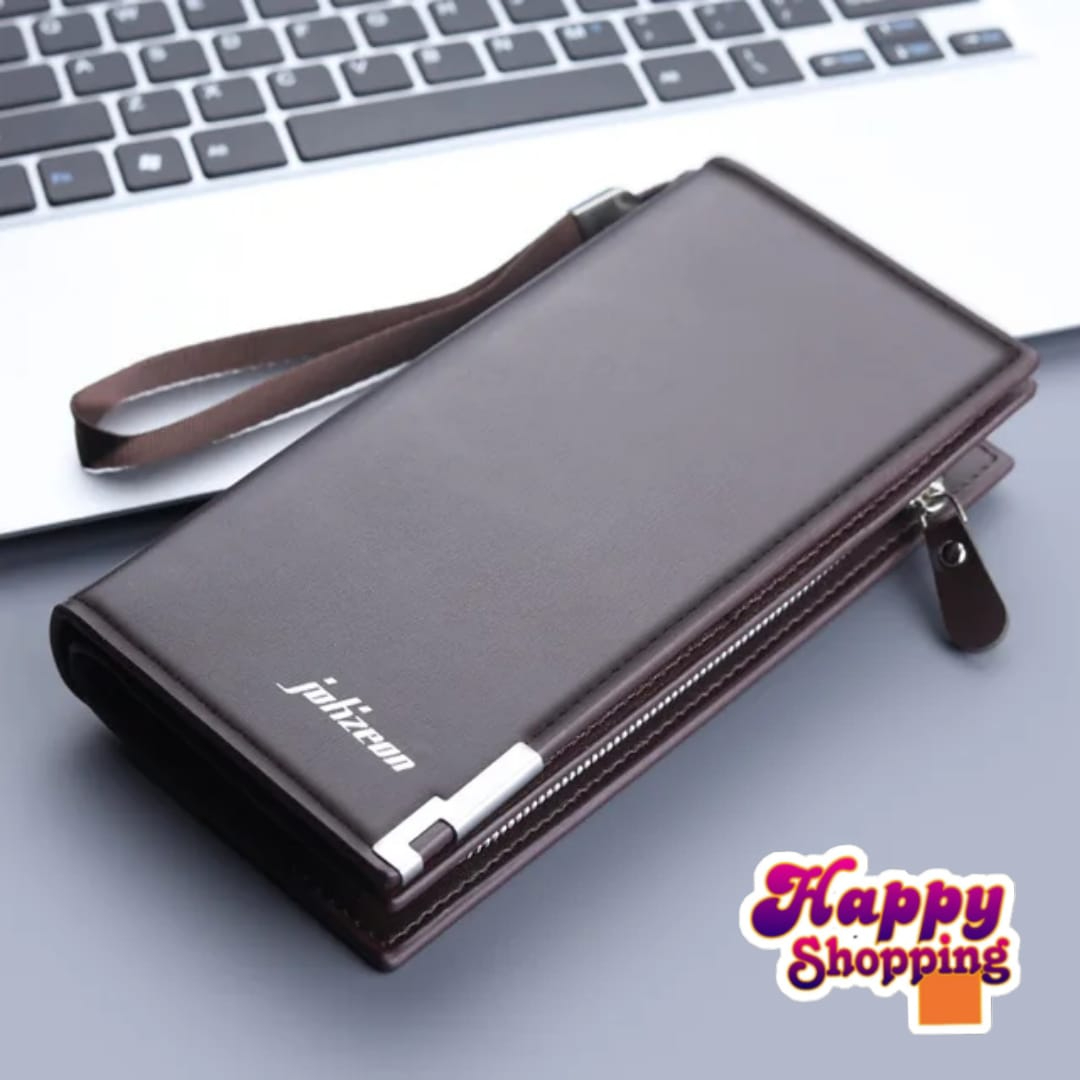 Genuine Leather Bifold Clutch Wallet For Men All Season Business Style With Zipper And Wristlet High Capacity