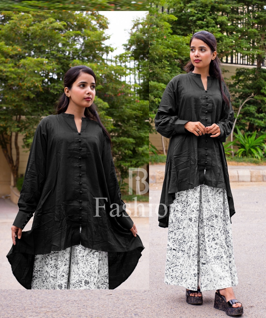 Anoml 2 Pc Stitched Summer Linen Tail Frock & Printed Flapper Trouser for Girls - Multicolors