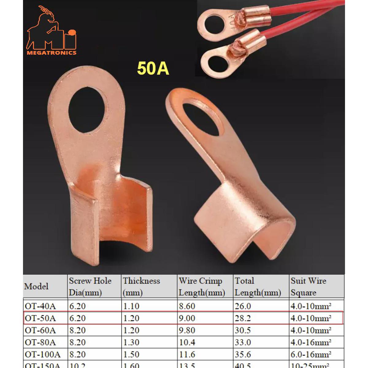 3pcs OT Type 50A Wire cable Terminal thimble Nose Lugs Crimp Cable End Connector Splice Copper Bare