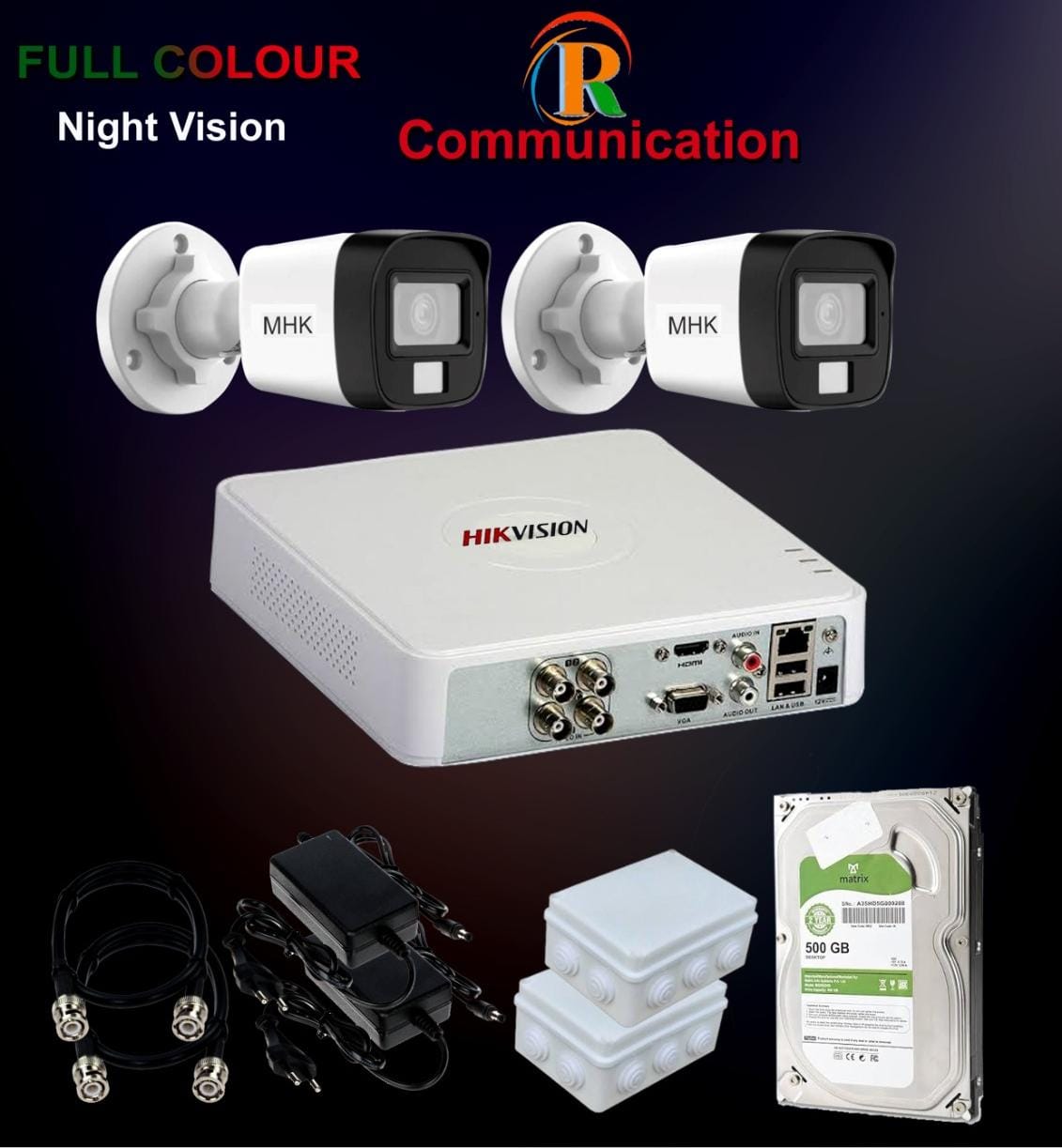 HIKVISION DVR 4 CHANNEL & MHK BRAND CAMERA DAY/NIGHT FULL COLOR  WITH POWER ADAPTOR 12v BNC LEADS 1 HARD DISK 500 GB  STOREAGE WATERPROOF OUTDOOR CAMERA PACKAGE