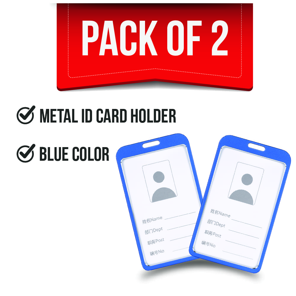 Pack of 2 - Premium Metal ID Card Holders - Durable Blue Vertical Badge Cases for Professional & Corporate Use