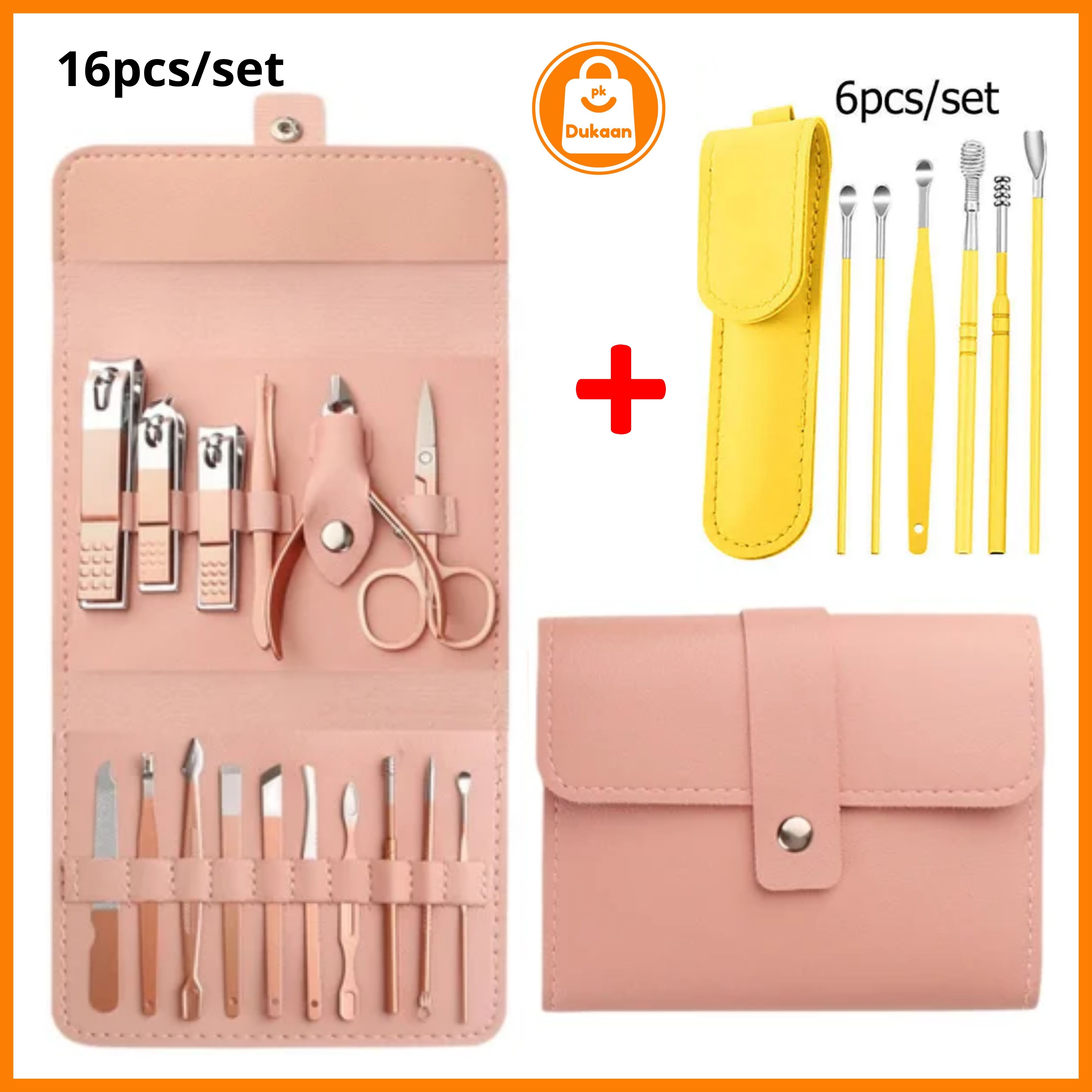 16 PCS Professional Manicure Set + 6 PCS Ear Wax Cleaning Kit | Manicure Pedicure Grooming Kit, Stainless Steel set, Nail cutter set, Nails Care, Clipper, Nails tool Set,Professional Spa kit,Nipper,16pcs set|Full Function Kit Stainless steel by Dukaan.pk