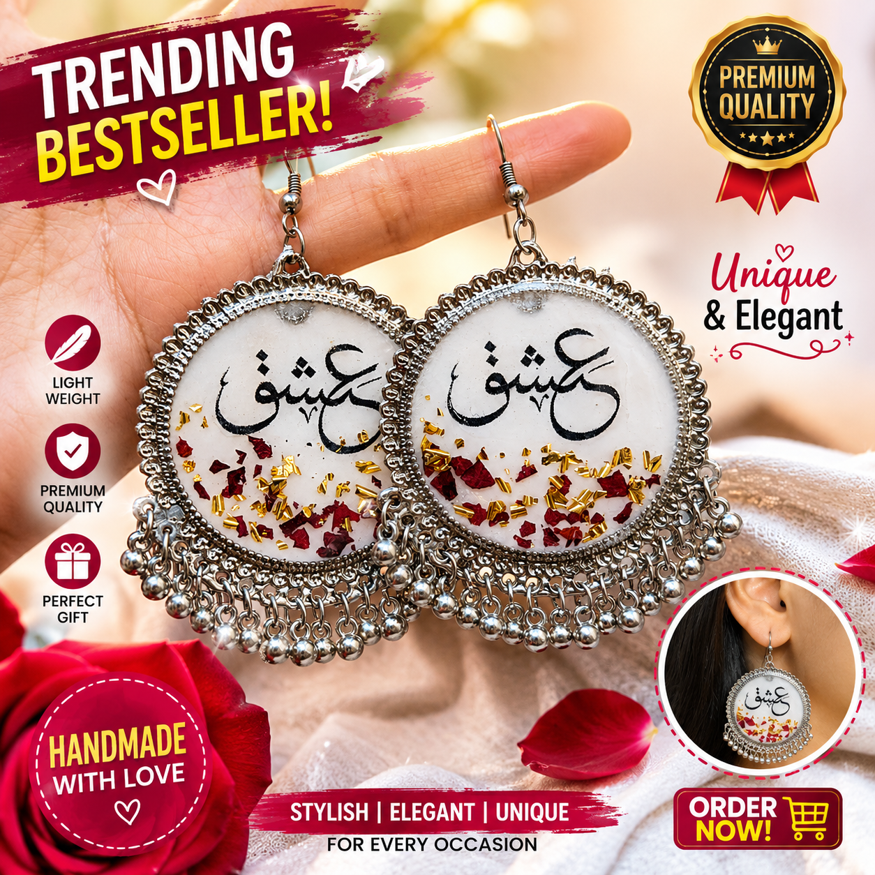 Ishq Jumkas - Traditionl Jhumkas - Resin Handmade Jhumka - Ishq Resin Jhumkay - Handmade Earrings - Real Roses Jumkay/Earrings