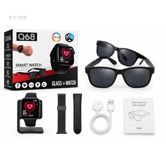 Q68 Smart Watch + Bluetooth Audio Glasses Combo – 2.01" AMOLED Display, Fitness Tracker with Open-Ear Audio Sunglasses for iOS & Android – Black