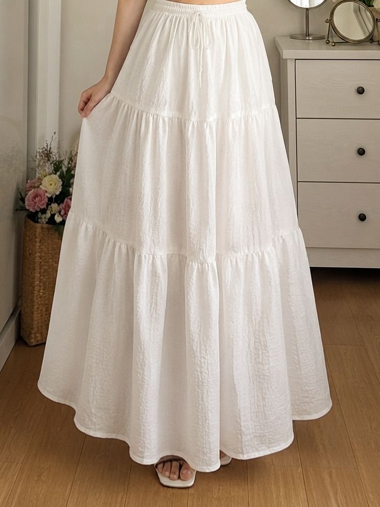 Multi Layered Tiered Summer Cotton Maxi Skirt for Women – Flowy Long Skirt with Elastic Waist (XS to XXL)
