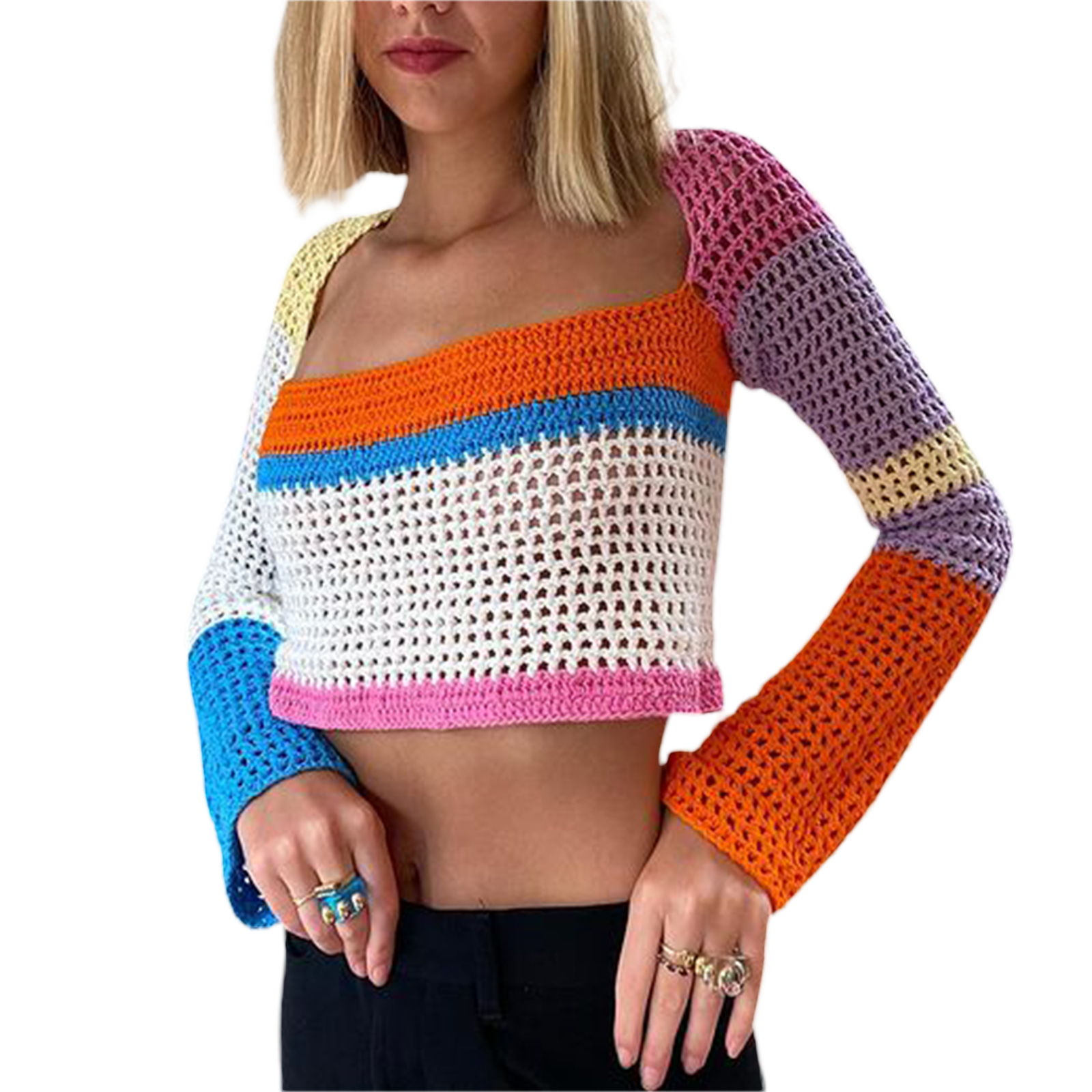 Womens Multi-Colors Long Sleeves Cropped Tops Square Neck Crochet Knit  Sweater