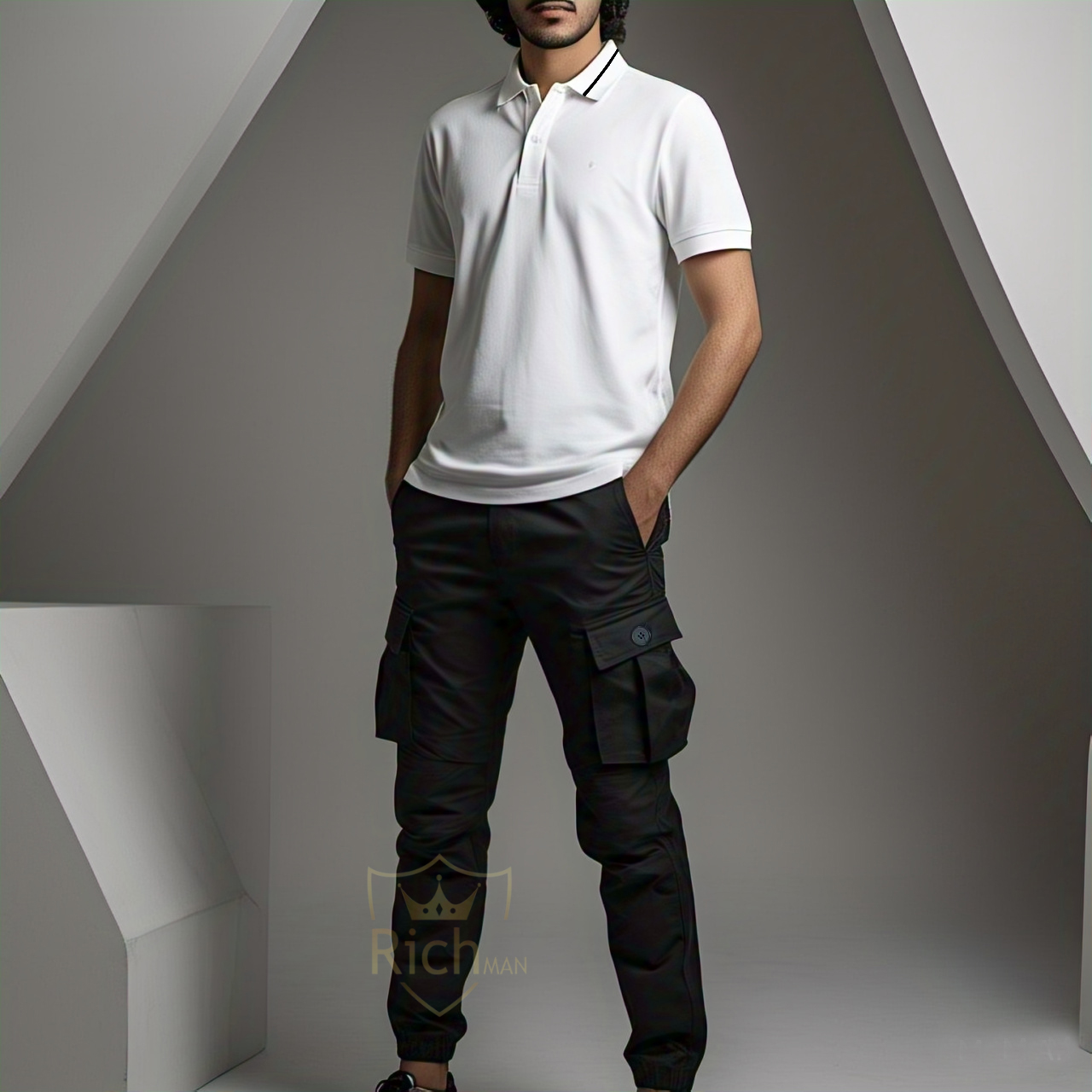 Tracksuit : New Black Cargo Trouser and White Polo Shirt Tracksuit for Summer