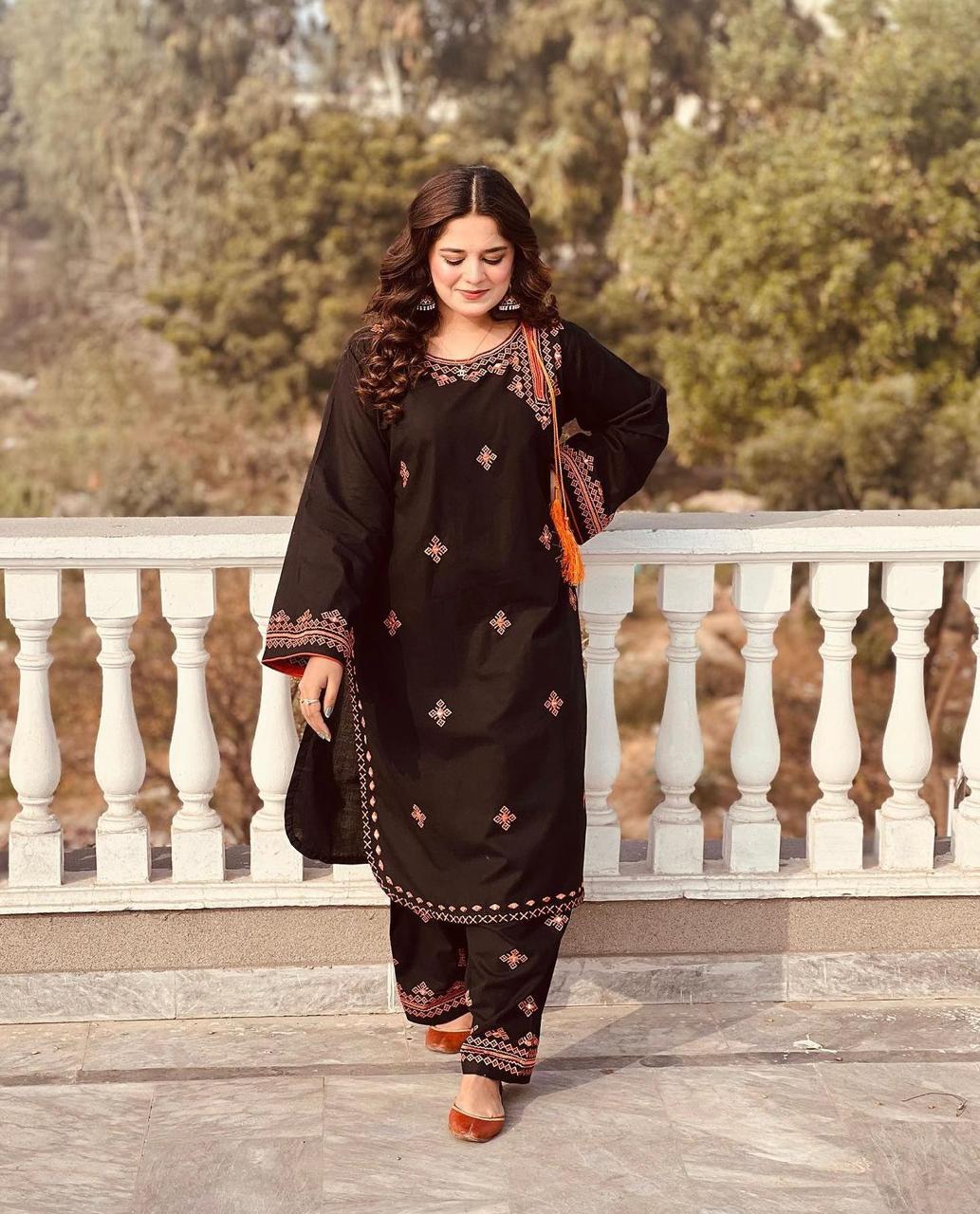 Fancy clothing hub linen Embroidery Two Pieces For GirlsBalochi mirror work fancy embroidery 2 pieces stitched dress for girls
