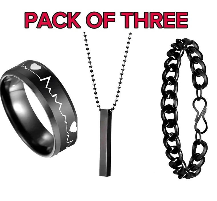 PACK OF 3 AMAZING NECKLACE DEAL FOR MEN | FASHION HIGH QUALITY BLACK BAR STICK NECKLACE + BLACK STAINLESS STEEL CHAIN BRACELET + BLACK TITANIUM STAINLESS STEEL HEARTBEAT RING FOR BOY AND MEN