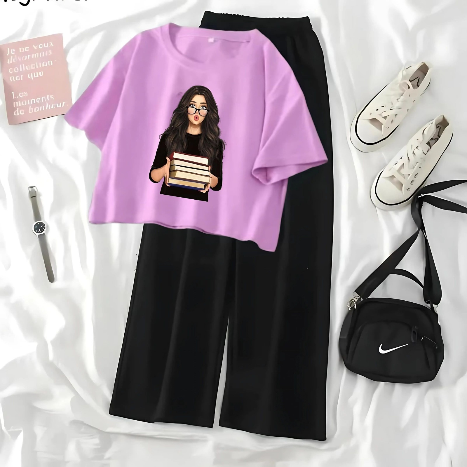 New Design Black Flapper Crop Top Suit With Girl Printed Tee And Flapper