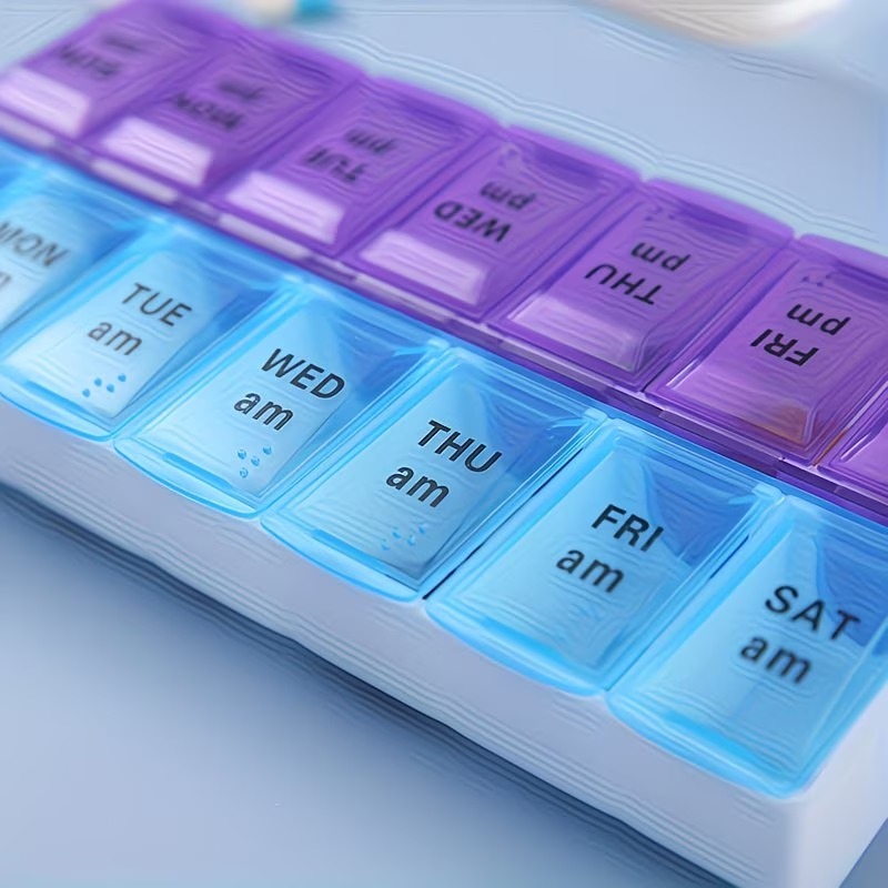 Compact 7-Day Pill Organizer with Double Row Design - Large Capacity, 14 Compartments, Easy Open Lid Medicine Storage Box