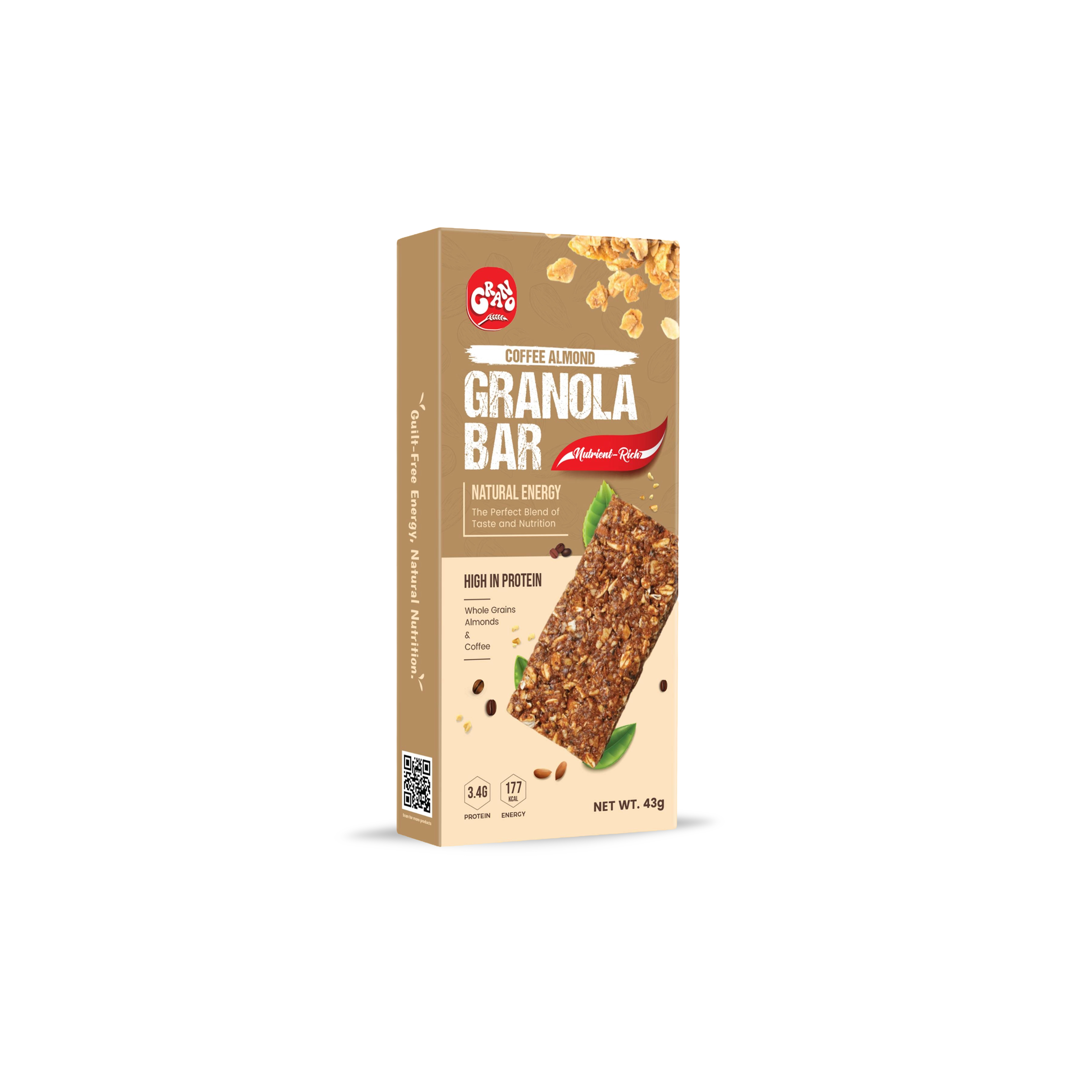 Grano Coffee Almond Granola Bar | Healthy Oats Bar with Nuts | Natural Energy & Protein Bar