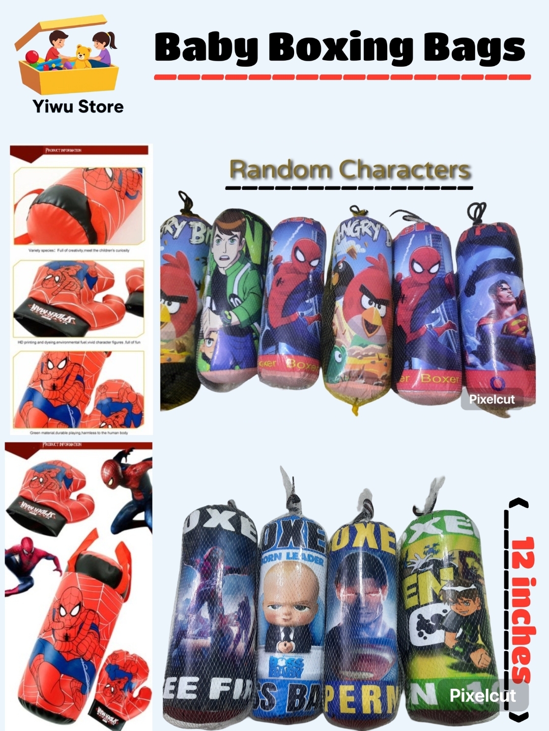 Baby Boxing Kit Set Punching bag Boxing Gloves and Hand Wraps For Kids - 12 inch , 15 inch , 20 inch  Boxing Bag for Kids Gloves Punching bag for kids Boxing Kit - Best Gift for kids ( 2 to 4 years )