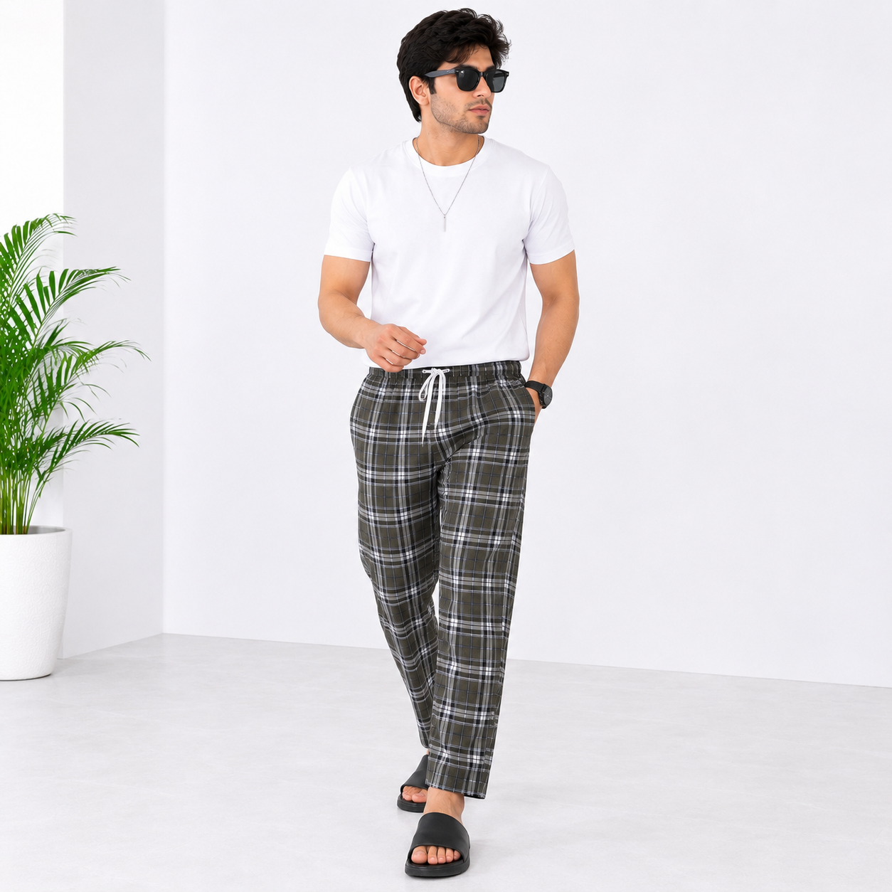 Faiz Garments | 1Pcs  Men's Cotton Checked Trouser – Soft Comfortable Casual Check Pants with Side Pockets