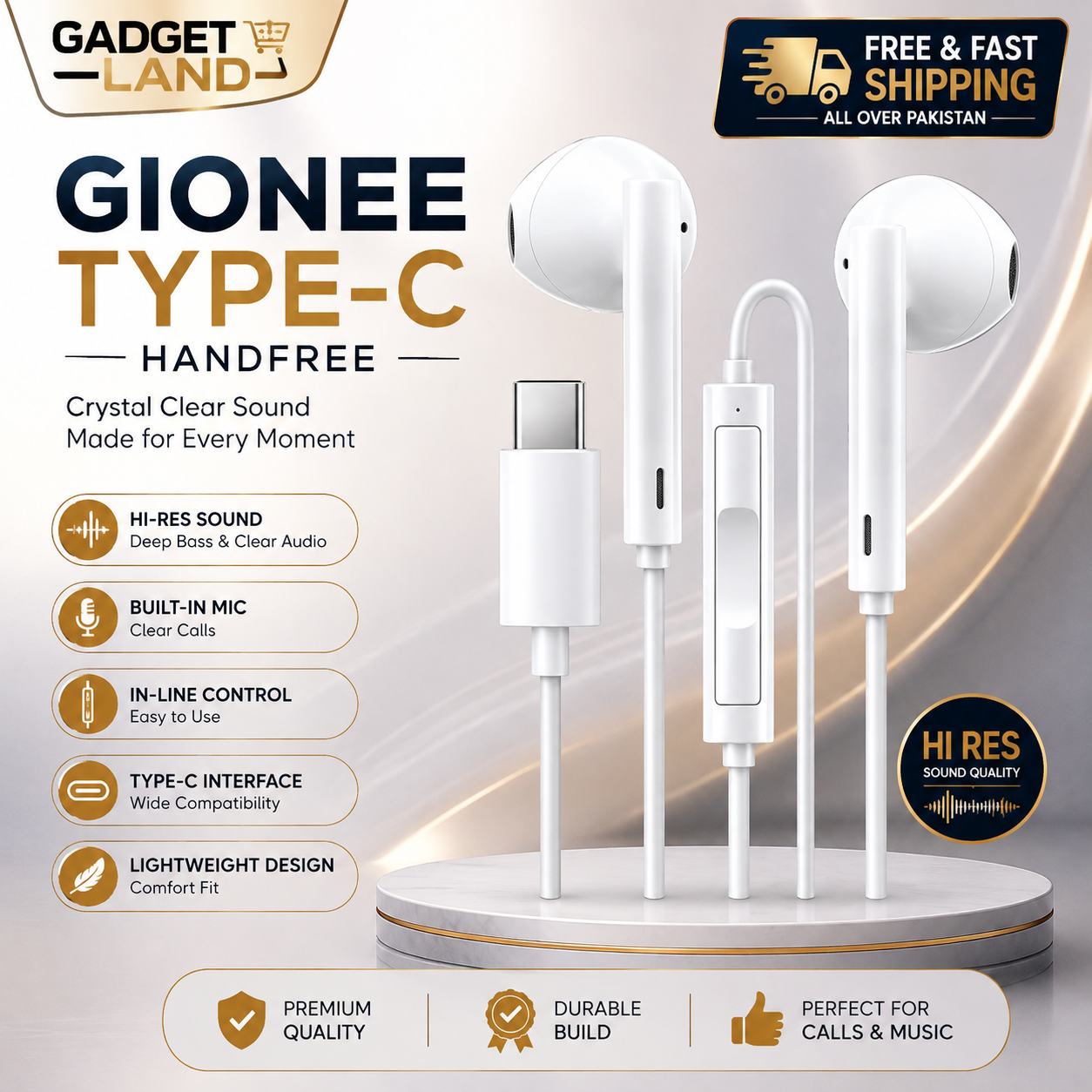 Gionee Original Handsfree Type-C Premium Sound Quality_HiFi Deep Bass With Noise Isolation_Built-in Mic, Comfortable Fit, Tangle-Free Cable, Durable Design, HD Calling, Universal Compatibility, Wired Earphones for Android Smartphones & Devices