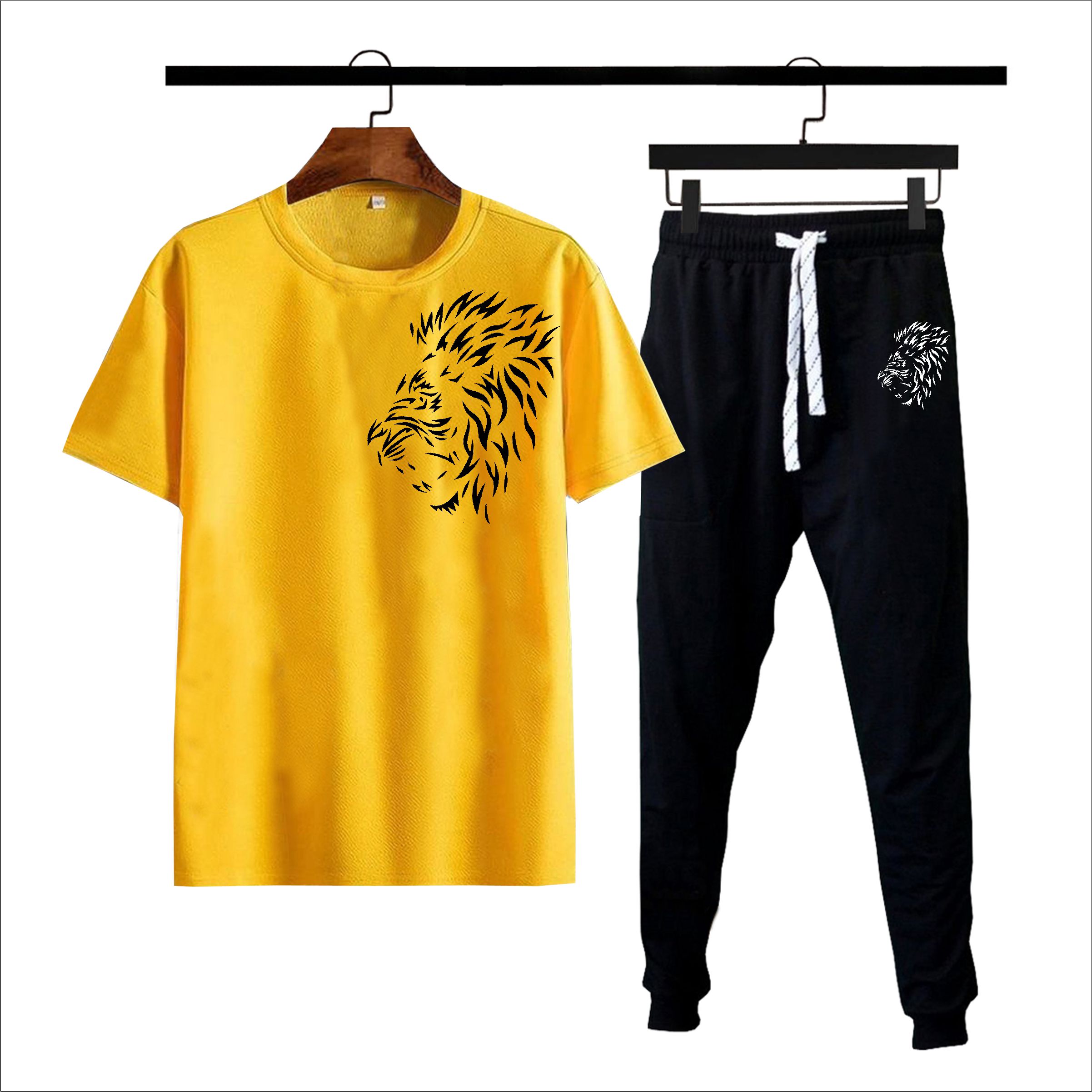 Side lion face printed summer tracksuit gym wear tshirt & trouser printed tracksuit for men and boys soft and comfortable fabric - yellow