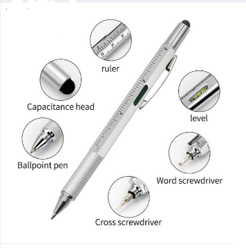 7 in 1 Multifunctional Full Metal Touch Screen Stylus Ballpoint Pen with Level Scale Ruler - White