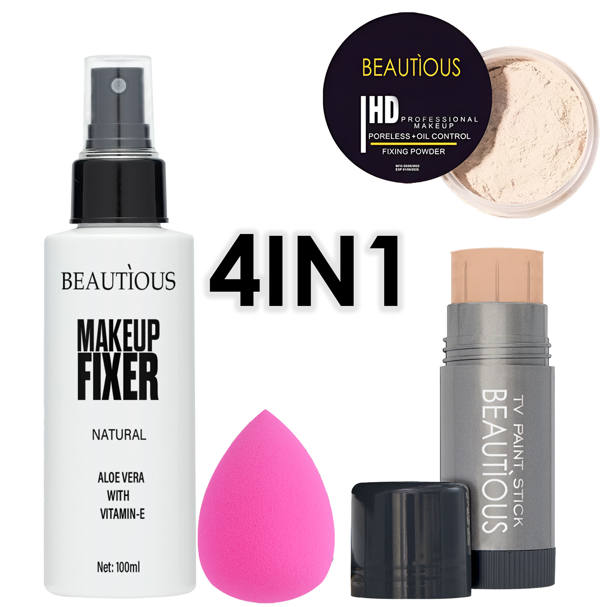 Deal of 4 - Face powder + Makeup Fixer Spray + Foundation Stick + puff