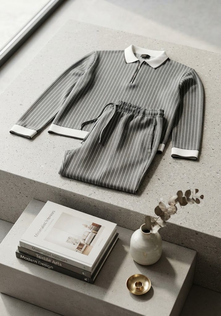 Emporio Armani Mens Premium Pinstripe Polo Tracksuit - Beige With Navy Stripes - Scuba Knit Co-ord Set - Half Zip Shirt +Trouser - Slim Fit
