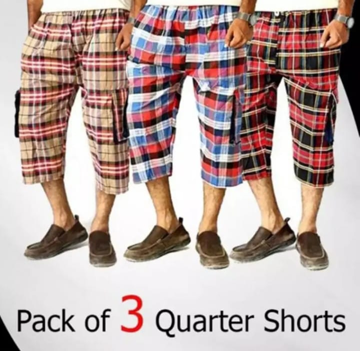 Pack Of 3 - Summer Cotton Quarter Shorts For Men - Checked Print (With Two Side Pockets Only) - Multicolor