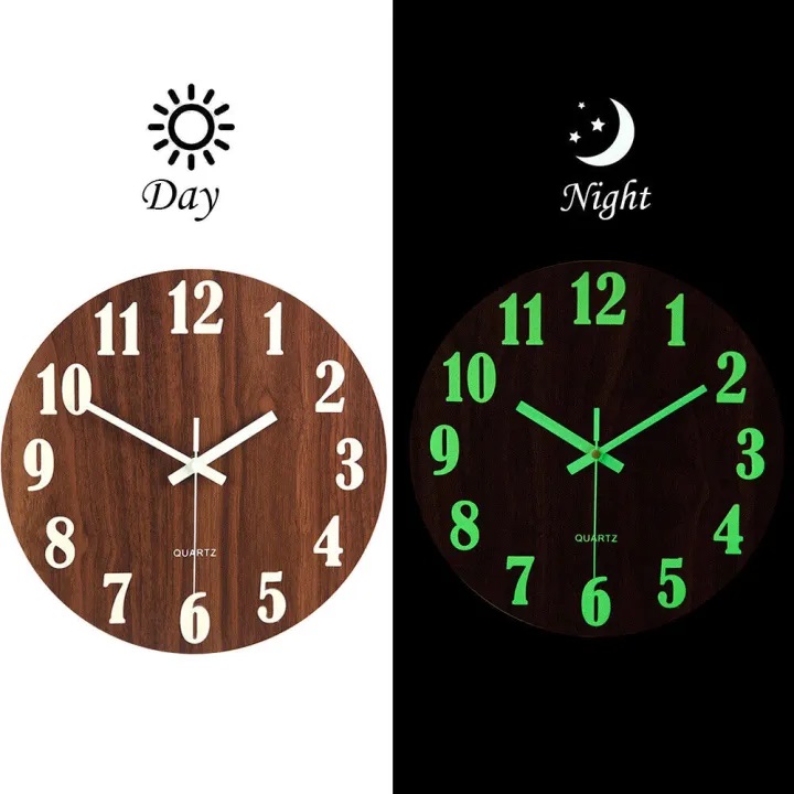 Night Light Wall Clock, Big size Glow in The Dark Wooden Wall Clock, Battery Operated Luminous Wall Clock for Bedroom, Living Room, offices and others