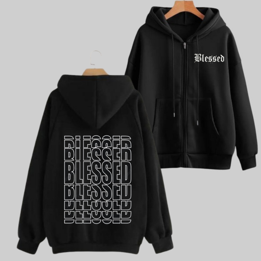 REVIBE - Black BLESSED Zipper Printed Hoodies For Men