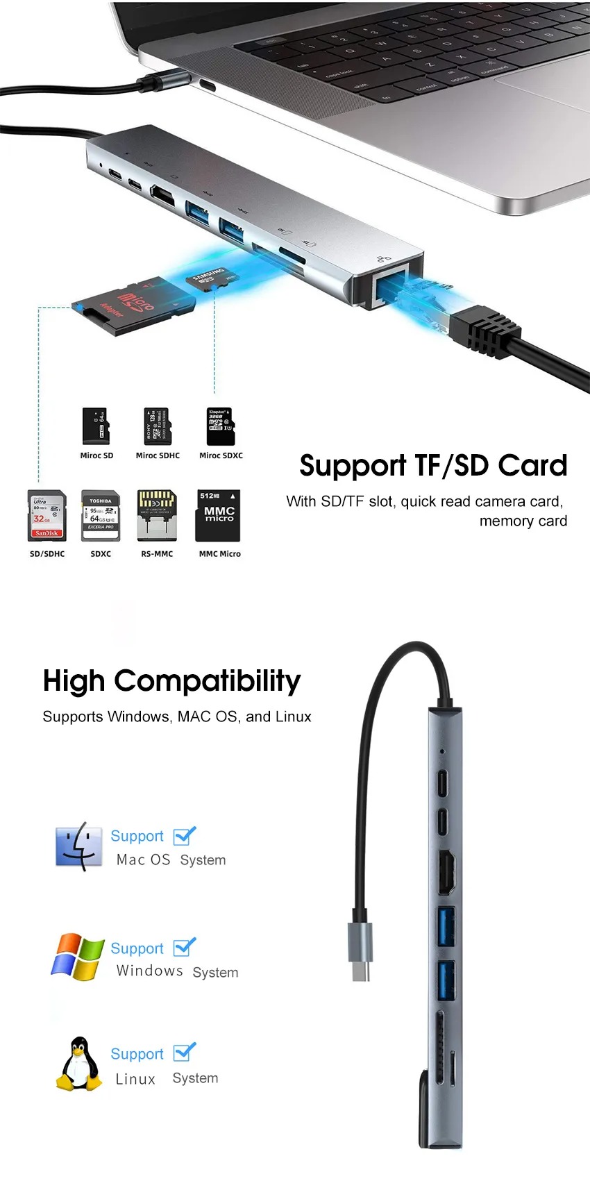 8 in 1 Multi-Port Type C to USB C 4K HDMI Adapter USB 3.0