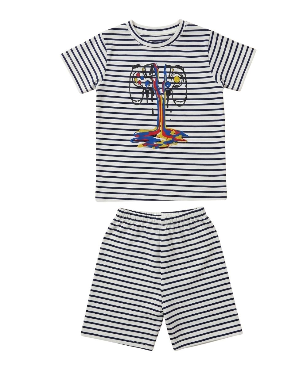 Minichunkies Kids Boys Summer Suit - Melting Gamer Controller Striped T-Shirt & Navy Shorts 2 Piece Set - Breathable Cotton Outfit price in Pakistan