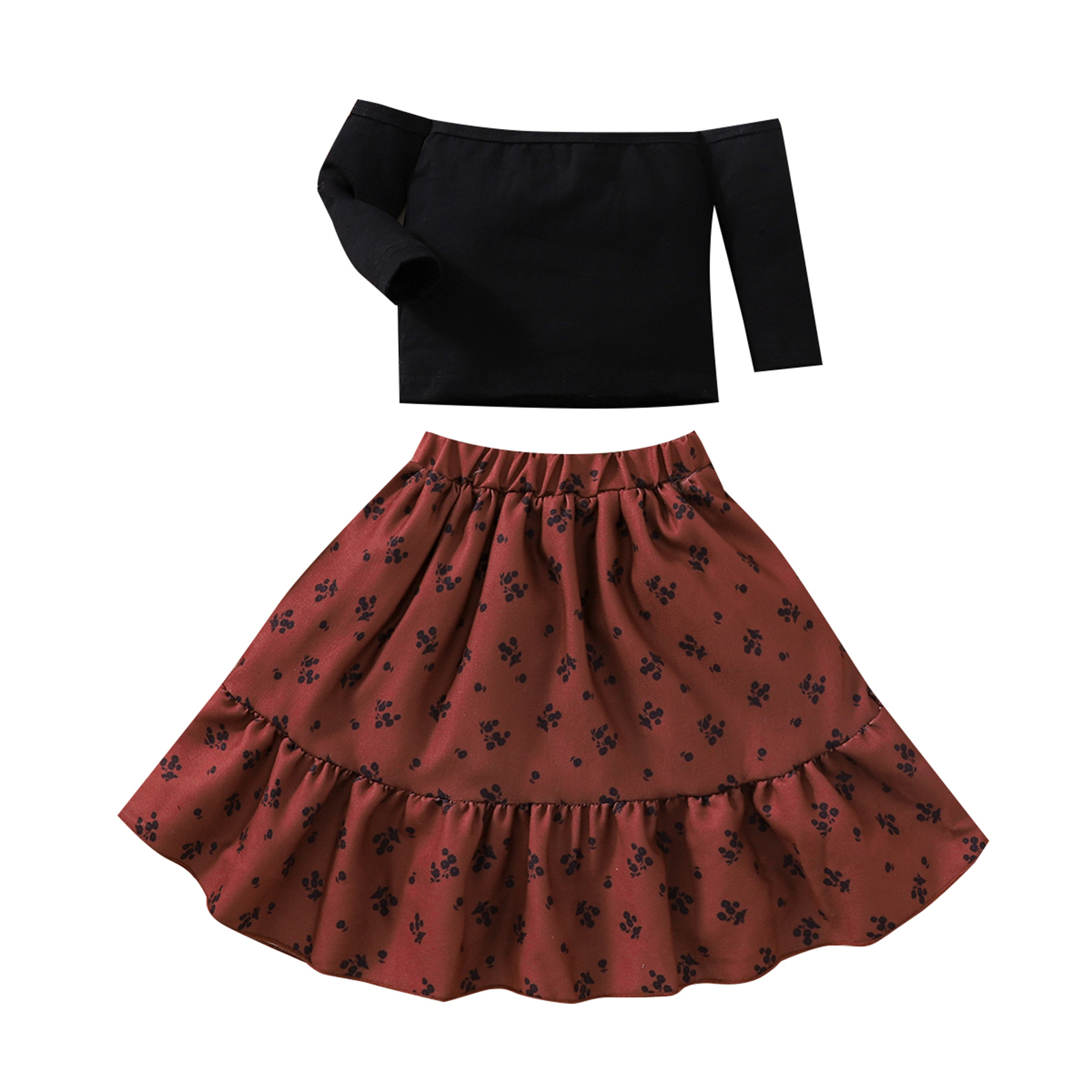 Little Girls 2PCS Skirt Outfits Long Sleeve Plain Off Shoulder Tops Floral Patterns Ruffle Hem High Waist Long Skirt Daraz.pk