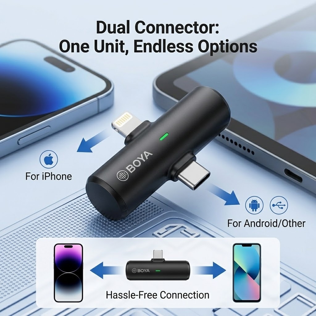 BOYA BY-V20 Dual Wireless Lav Microphone 2.4GHz Omnidirectional Clip-on Mic for Smartphones Tablets Cameras Vlogging Interviews