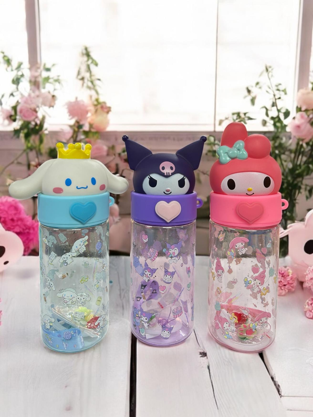 500ml Kuromi, Cinnamoroll & My Melody Water Bottle - Leak-Proof, Portable, Lightweight, Durable Kids Bottle with Hanging Loop, Cute Sanrio Design for School, Sports & Outdoor Use (Pink, White & Blue) BXS-2A