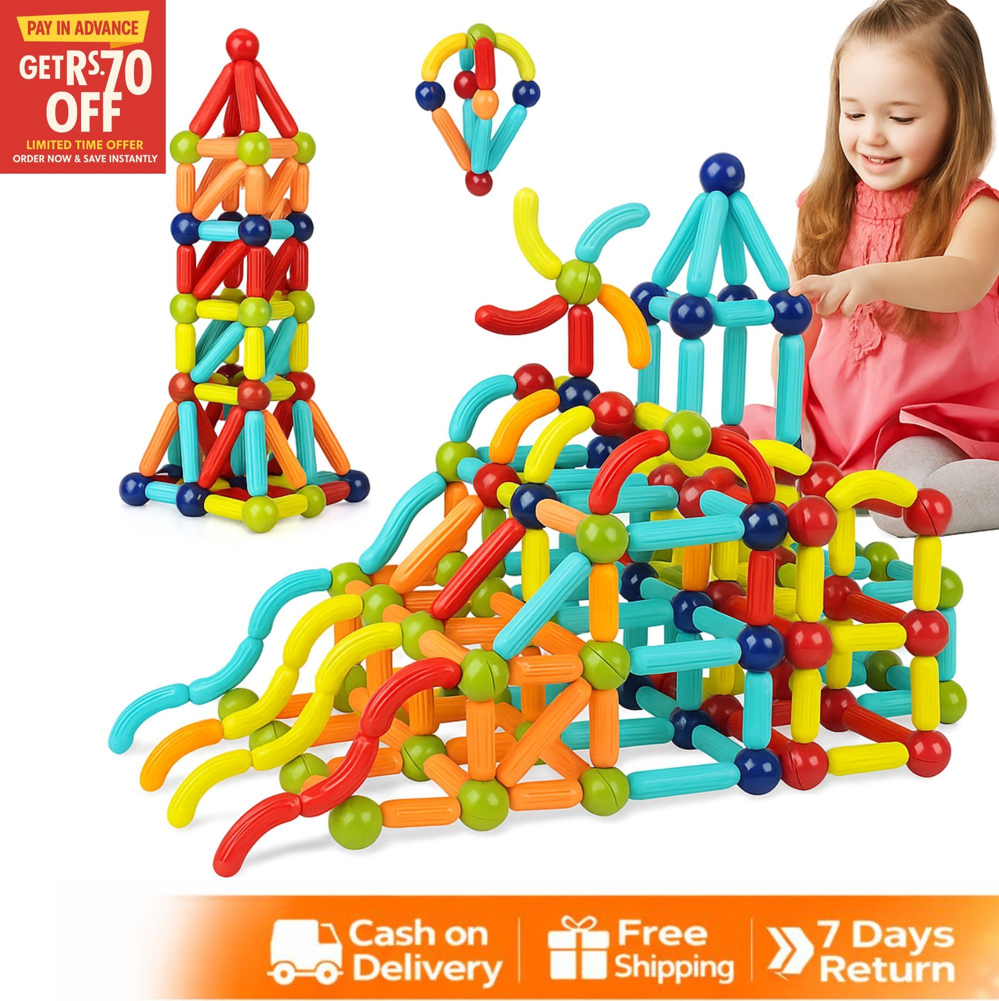 64 Pieces Magnetic Toys Building Blocks Set for Kids - Magnet Balls and Rods STEM Sticks Toy - Toddler Educational Learning Construction Game - Stacking Puzzle Building Toys for Boys Girls Age 3+ Magnetic Blocks