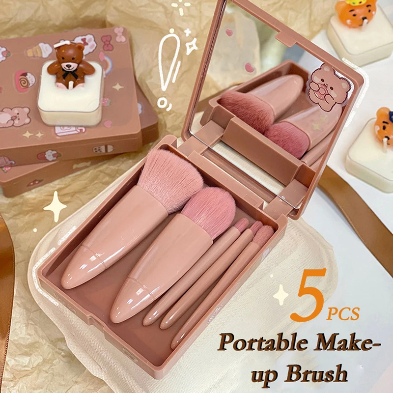 5 Piece Makeup Brushes Set, Professional Travel Small with Brush Case Built-in Mirror, Portable Cosmetics for Eyeshadow, Powder, Foundation, Blush Set - 5 Make Up Kit