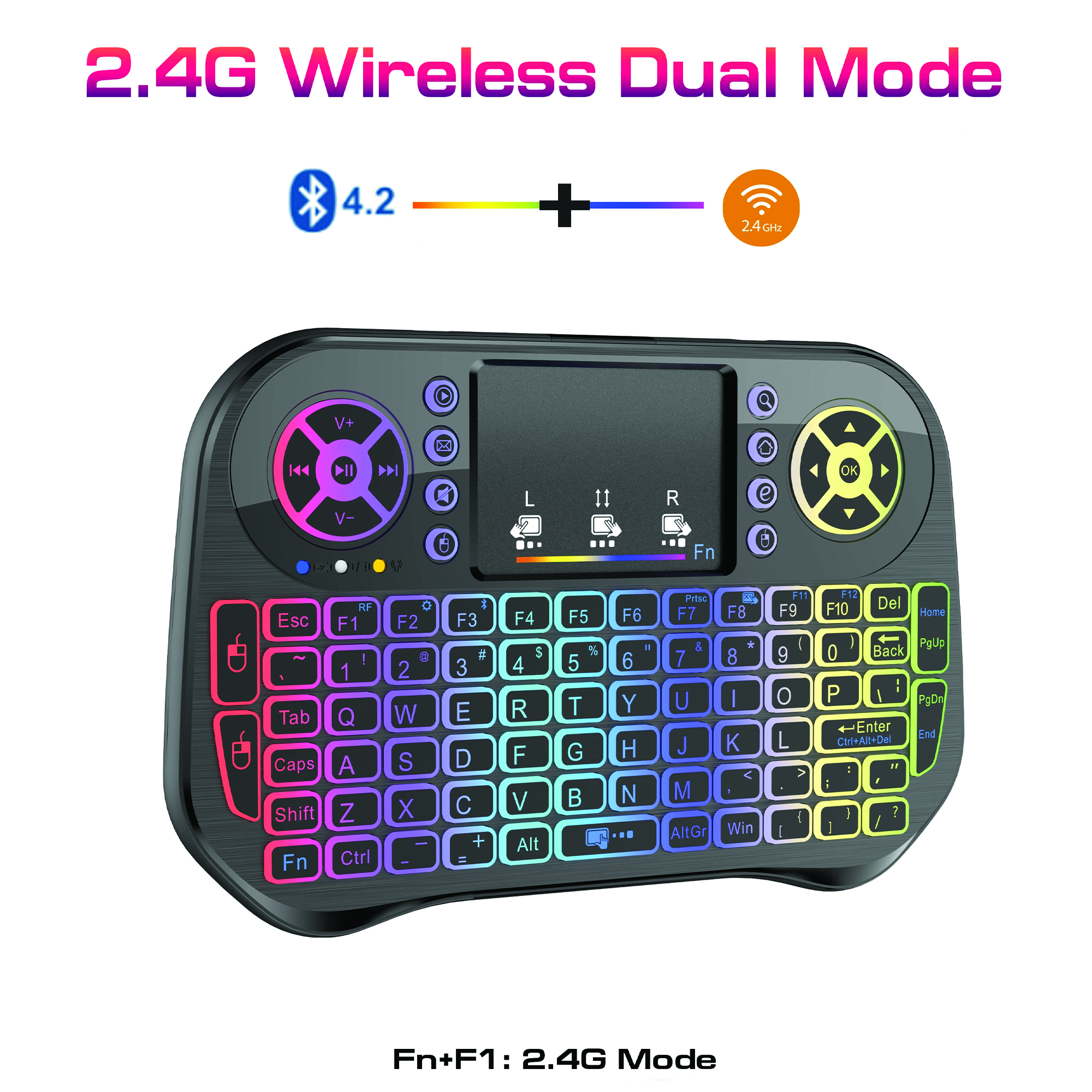 i10 MINI WIRELESS KEYBOARD + BLUETOOTH TOUCHPAD 7 COLOR BACKLIT LIGHT 2.4GHZ FULL CONTROL FOR LCD / LED / TV / PC / MOBILE / LAPTOP