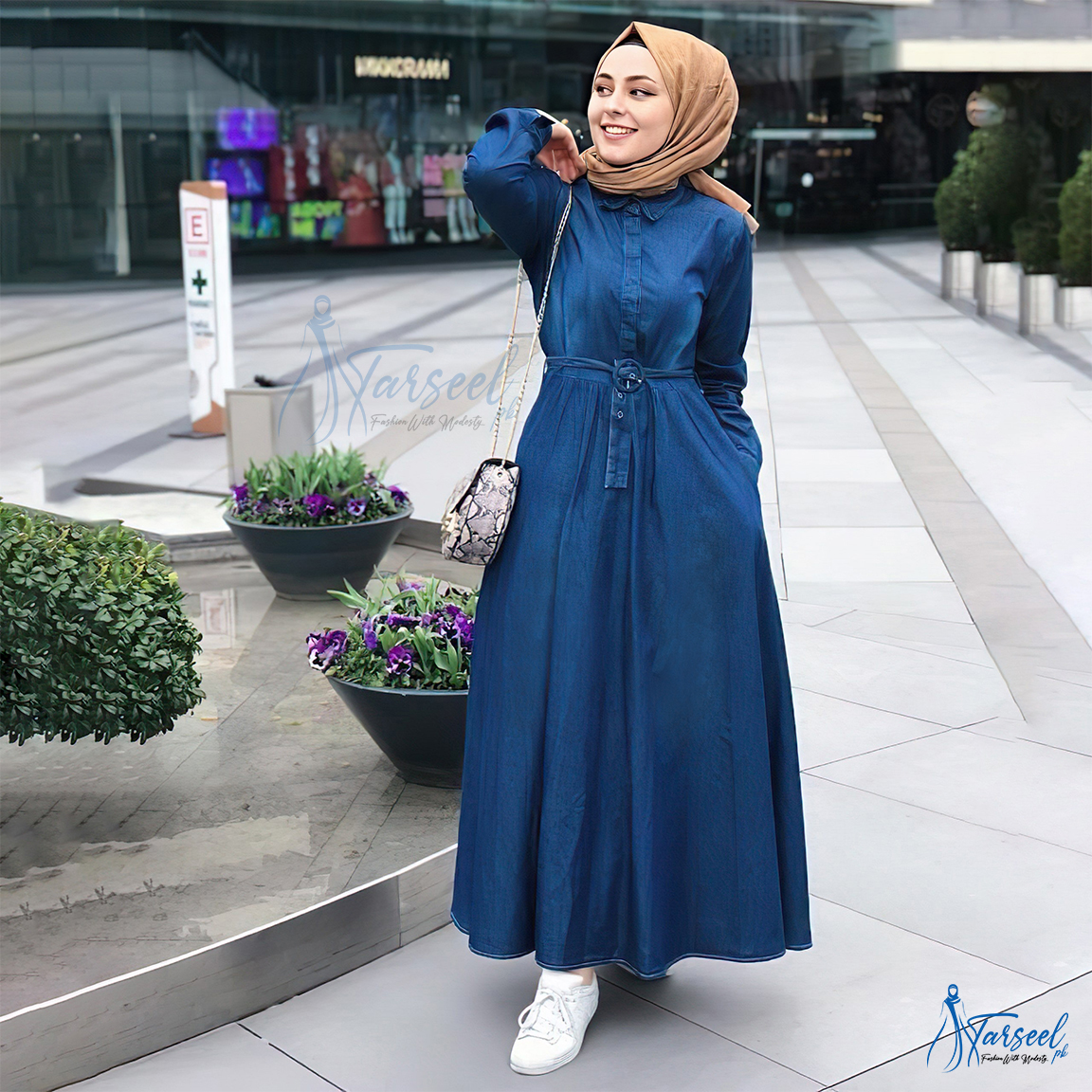 Blue Denim Abaya With Leather Belt Front Pocket Design Abaya For Girls -  Tarseel
