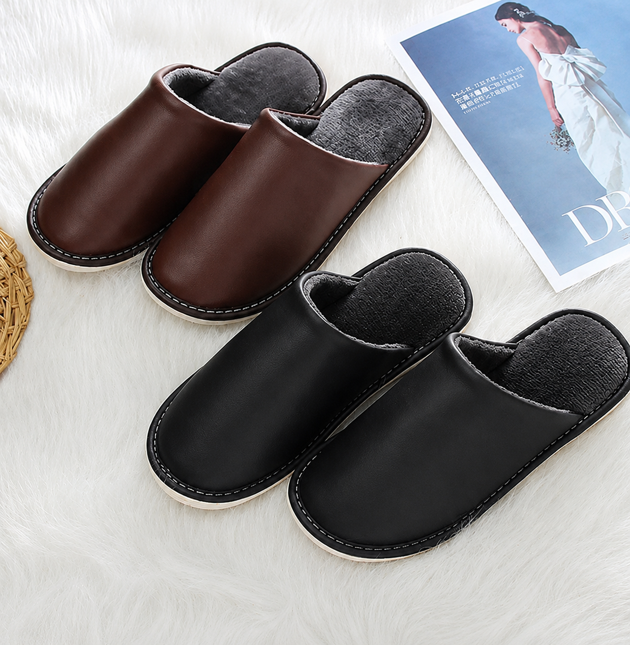 Leather Autumn and Winter Household Slippers Home Indoor Thick Bottom Non-slip Waterproof Warm Home Slipper For Men and Women