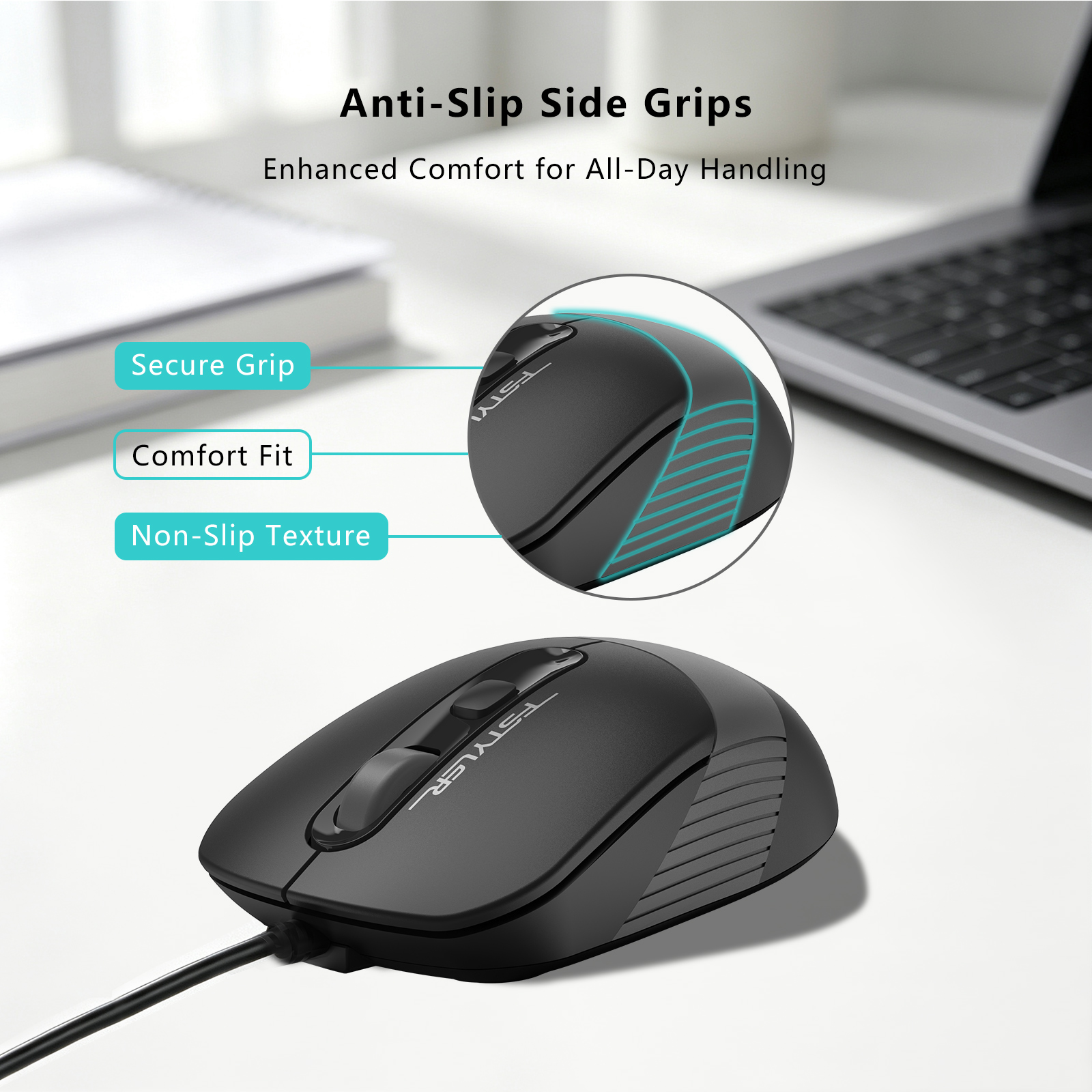 A4Tech FM10S FSTYLER - Silent Click -1600 DPI Optical Mouse - Symmetric Design - Ambidextrous - USB Cable - For PC/Laptop