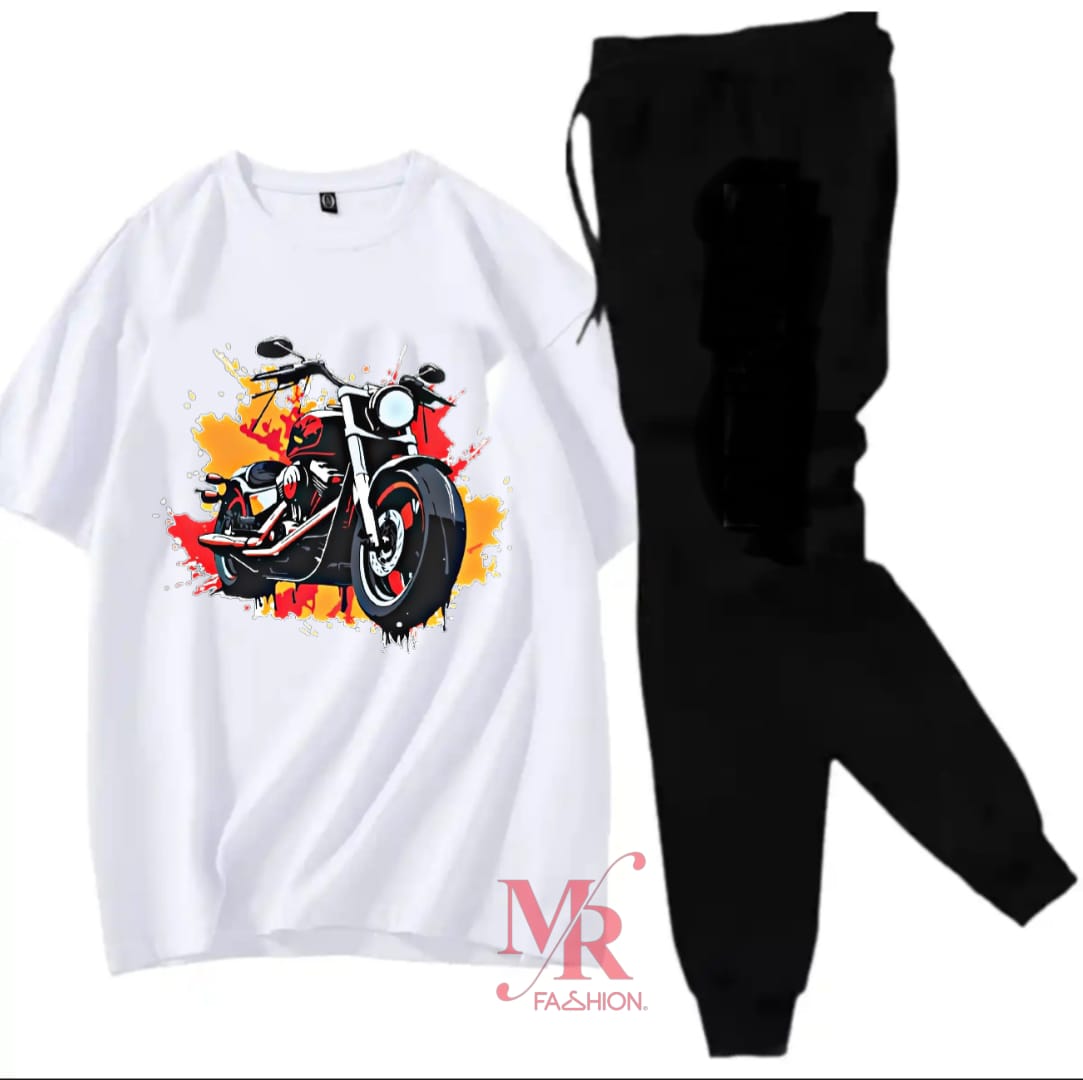 Trendy Bike On Fire Printed Half Sleeves Cotton Jersey  Shirt Summer Tracksuit For Boys & Girls T-Shirt & Trouser Gym Sports Outdoor Gaming Tracksuit for Men_Boys Party Wear
