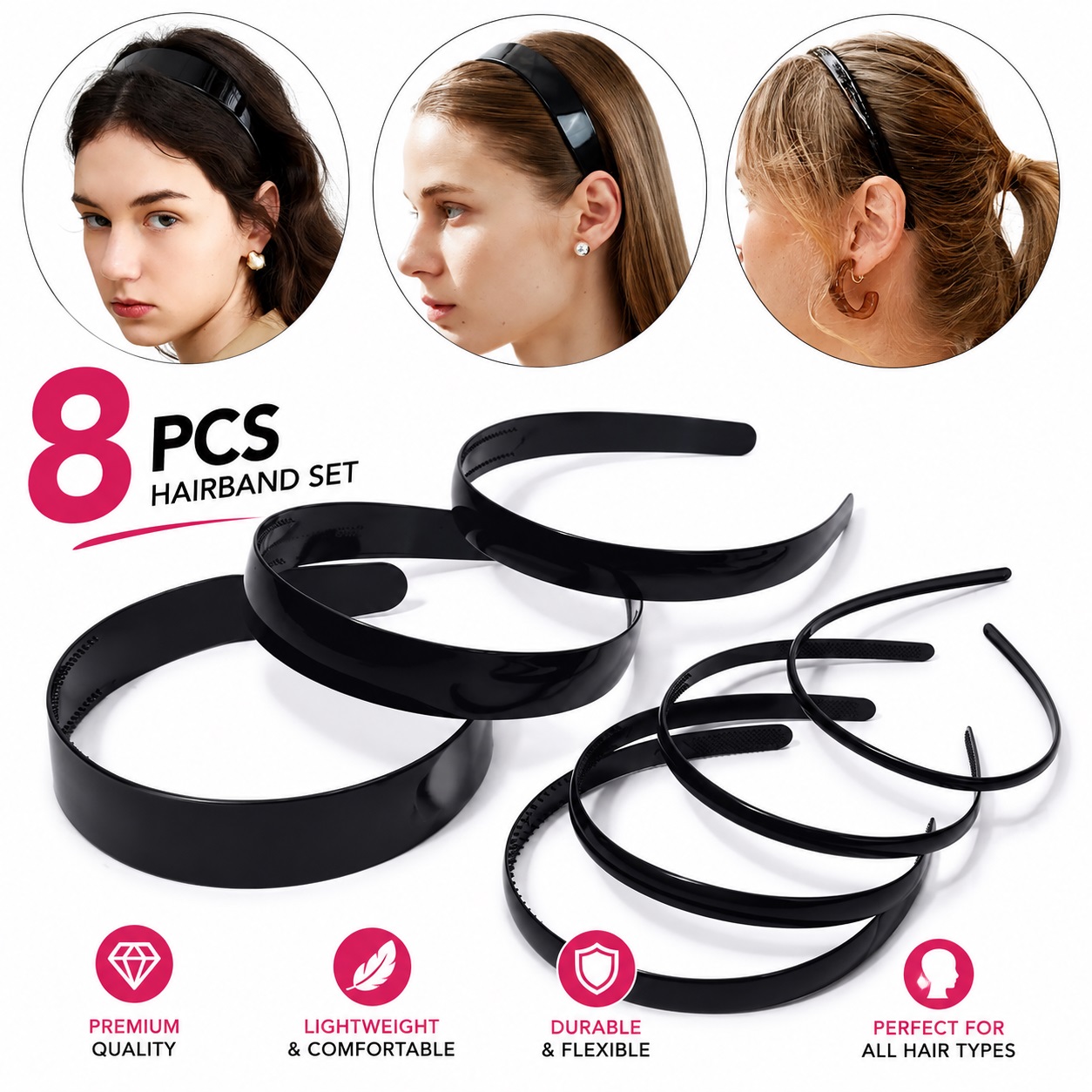 8-Piece Stylish Black Plush Headbands for Women, Elegant Fashion Hair Accessories with Knot Detail, Non-Slip Comfort Fit