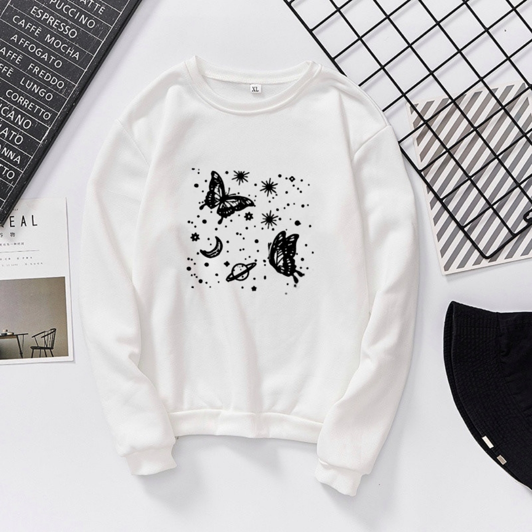 White Butterfly Printed Sweatshirt For Women - Hoodies For Girls
