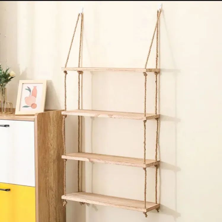 Wall Hanging shelf original wood 1 2 3 & 4 Tier Rope Hanging Shelf Wall