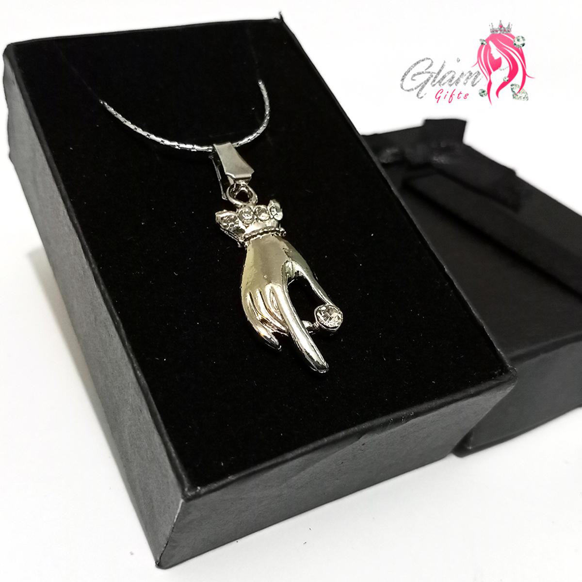 Female Hand with Stone Silver Pendant Necklace Embellished with crystals-Gift Box Included