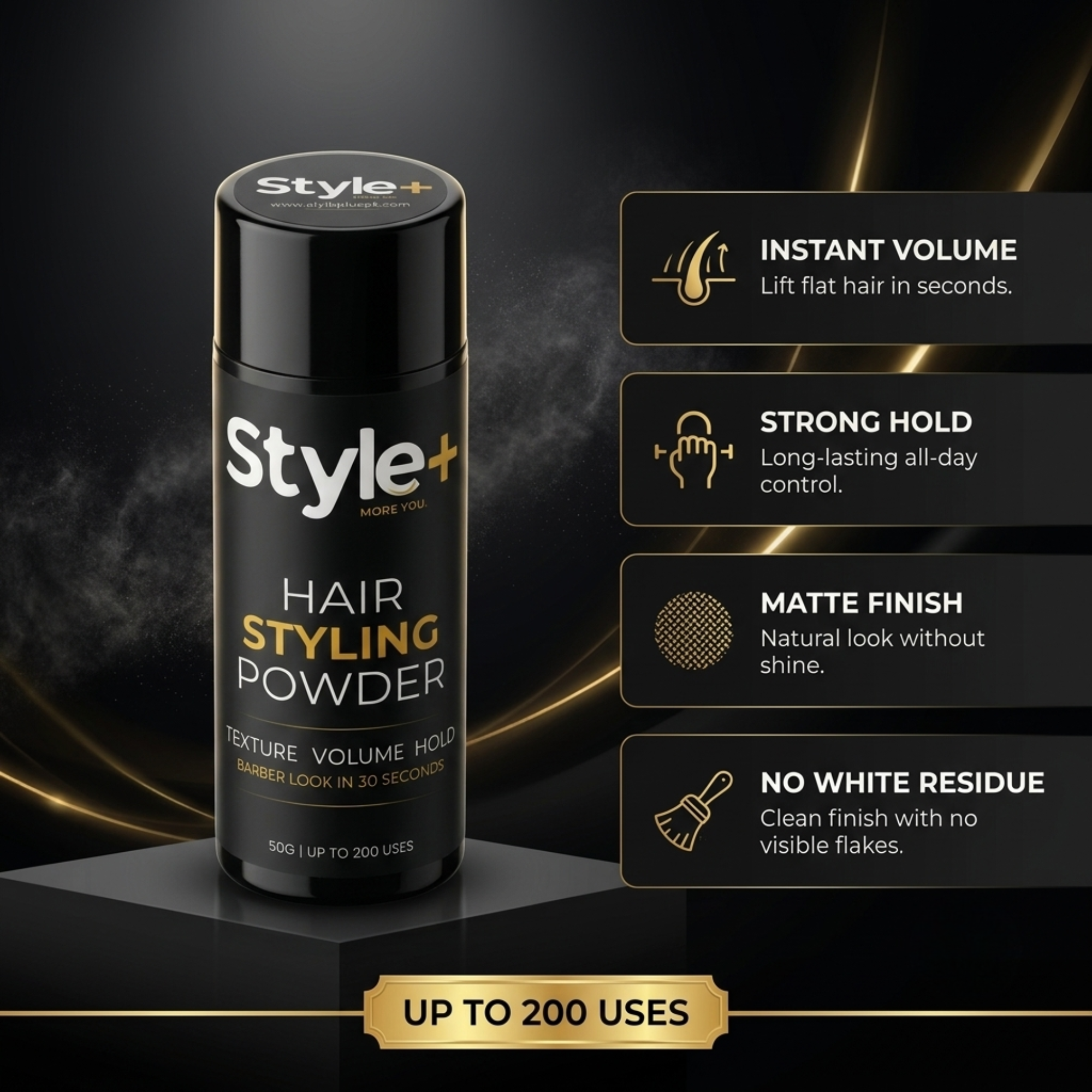 Style+ Hair Styling Powder 50g - Instant Volume, Matte Finish, Strong Hold, Hair Texture Powder - Up to 200 Uses