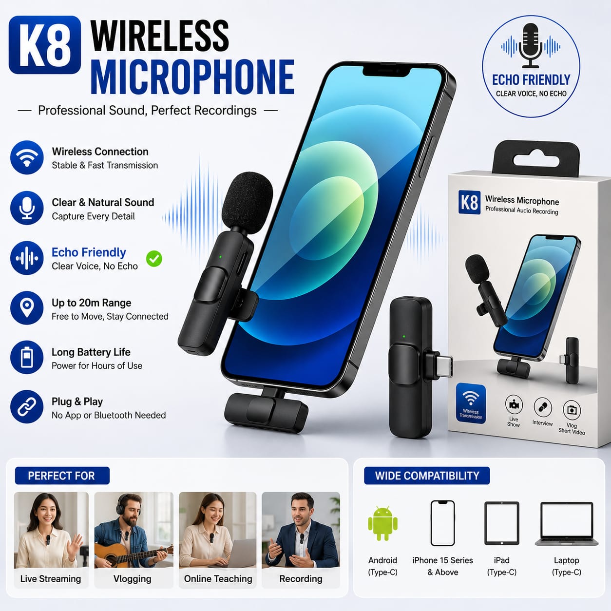 K8 Wireless Lavalier Microphone Type-C | Mini Clip-On Mic for Android Mobile | Noise Reduction | Vlogging, YouTube, TikTok, Interviews & Live Streaming