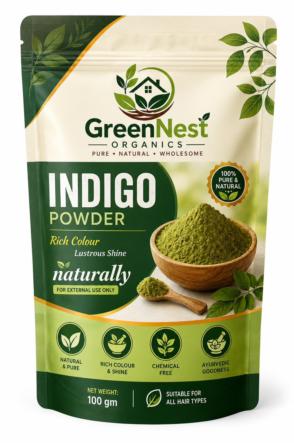 GreenNest Organics Indigo Powder 50g | 100% Pure Natural Indigo Powder | Herbal Hair Color | Chemical-Free Hair Dye | Ayurvedic Hair Care | Suitable for All Hair Types