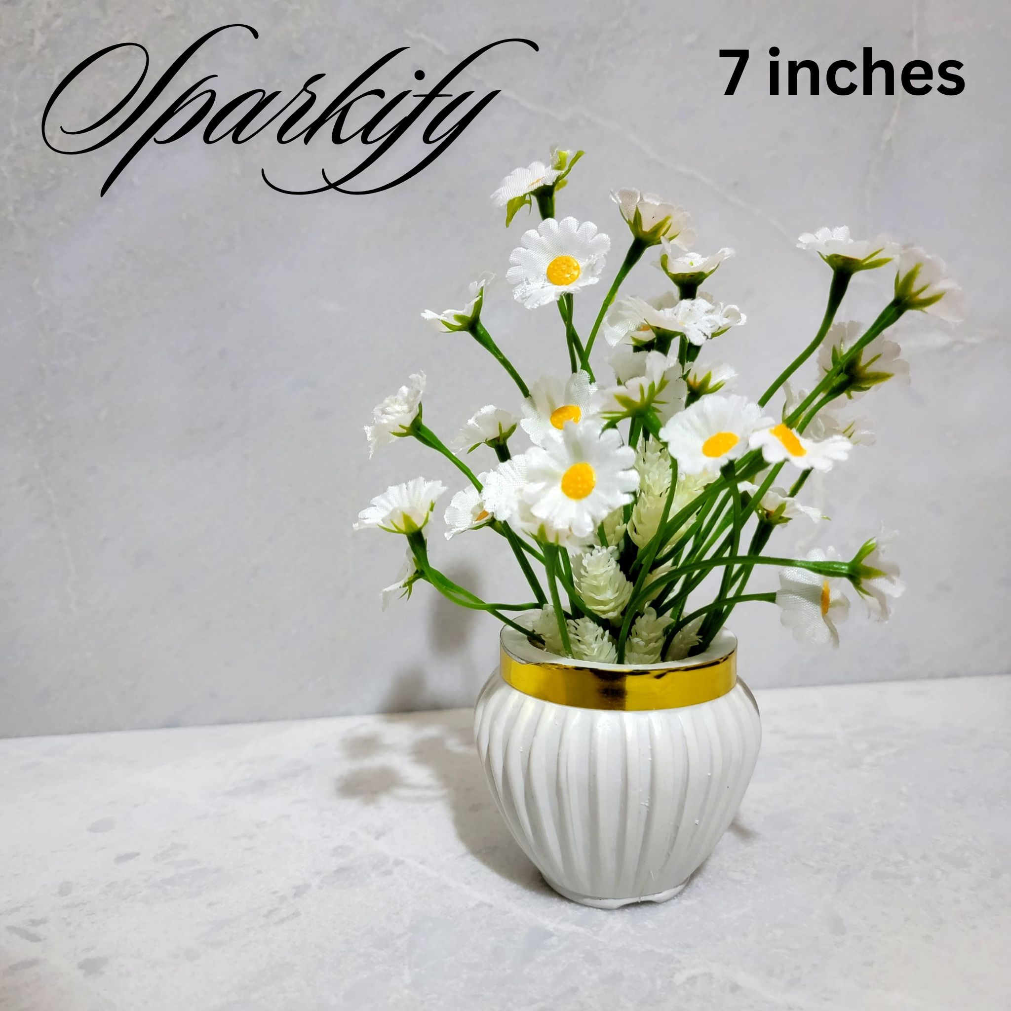 Artificial 7 inches high quality medium size plants in medium size white round shape pots width 3 inches | Beautiful table top artificial trees for house, room and office decoration.